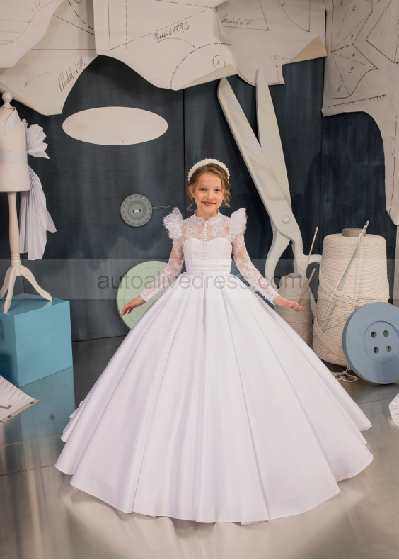 Long Sleeves White Lace Satin Stunning Flower Girl Dress